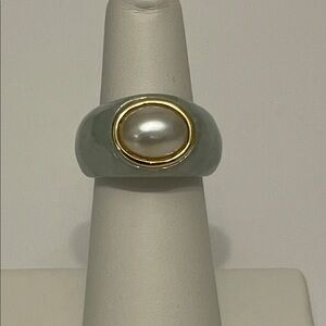 Genuine Green Jadeite Ring With Mabe Pearl in 14K Gold Bezel Setting